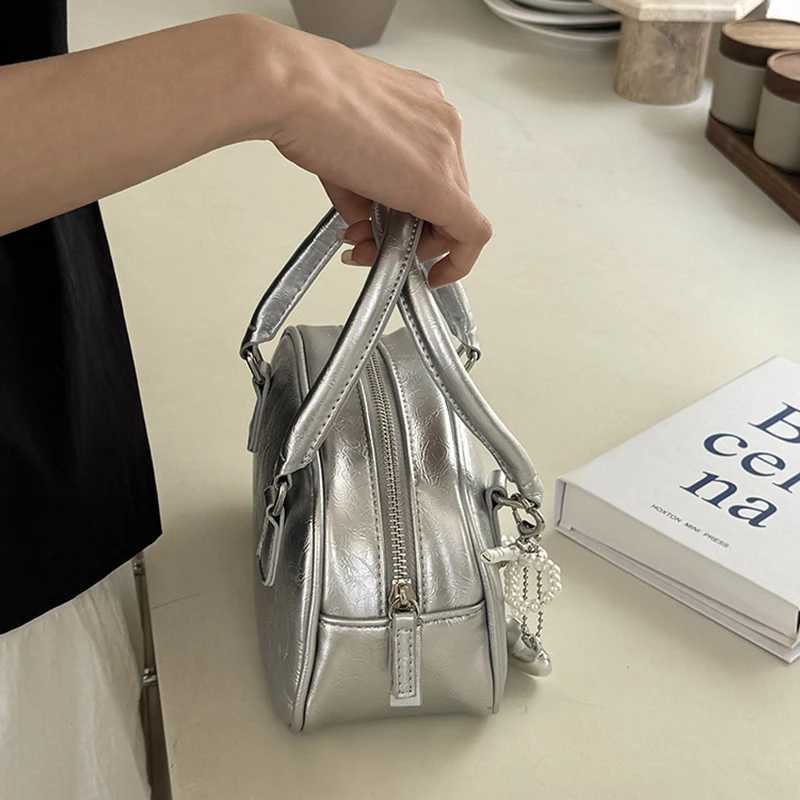Silver Small Square Bag PU Handheld Crossbody Bag Bowling Bag Fashion Casual Womens Boston Commuter Bag Y250320