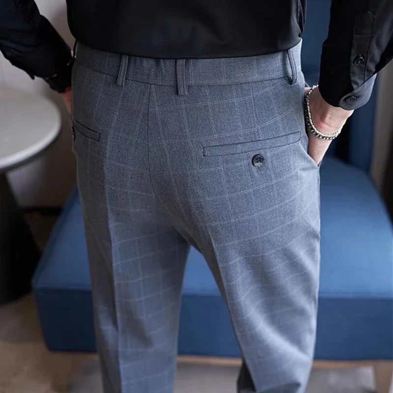 Dark Gray Mens Plaid Suit Pants Fashion Slim Streaks Trousers Korean Navy Blue Pantalones Hombre 28-3233343638 Male Pant 250320