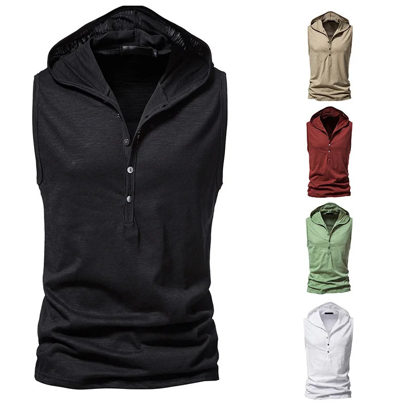 Mens sleeveless T-shirt with hollow hood casual and fashionable basic short sleeved lightweight cotton T-shirt vest 250318