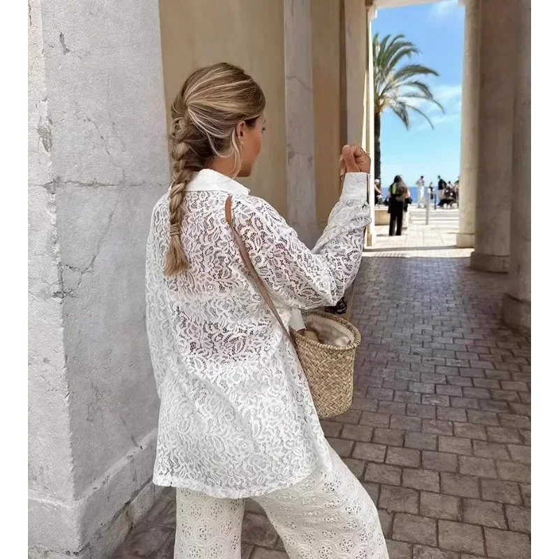 Summer French Style Lace Loose white shirt for women Hollow Out Fittings Shirt 250320