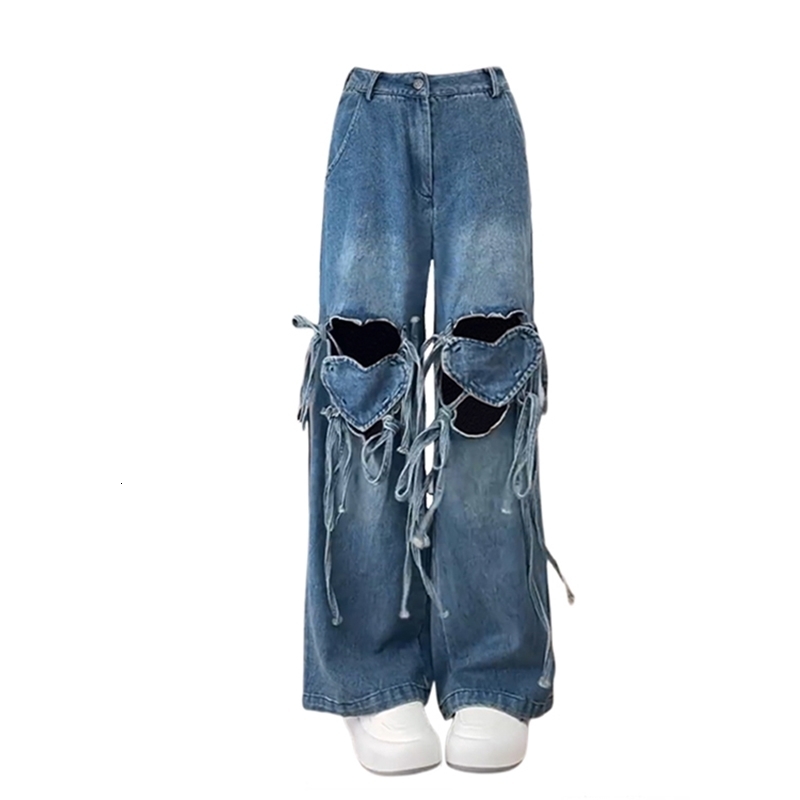 Womens Y2k jeans Harajuku 90s fashion bag with denim Trouser Korean heart-shaped hollow jeans retro 2000s clothing 250320