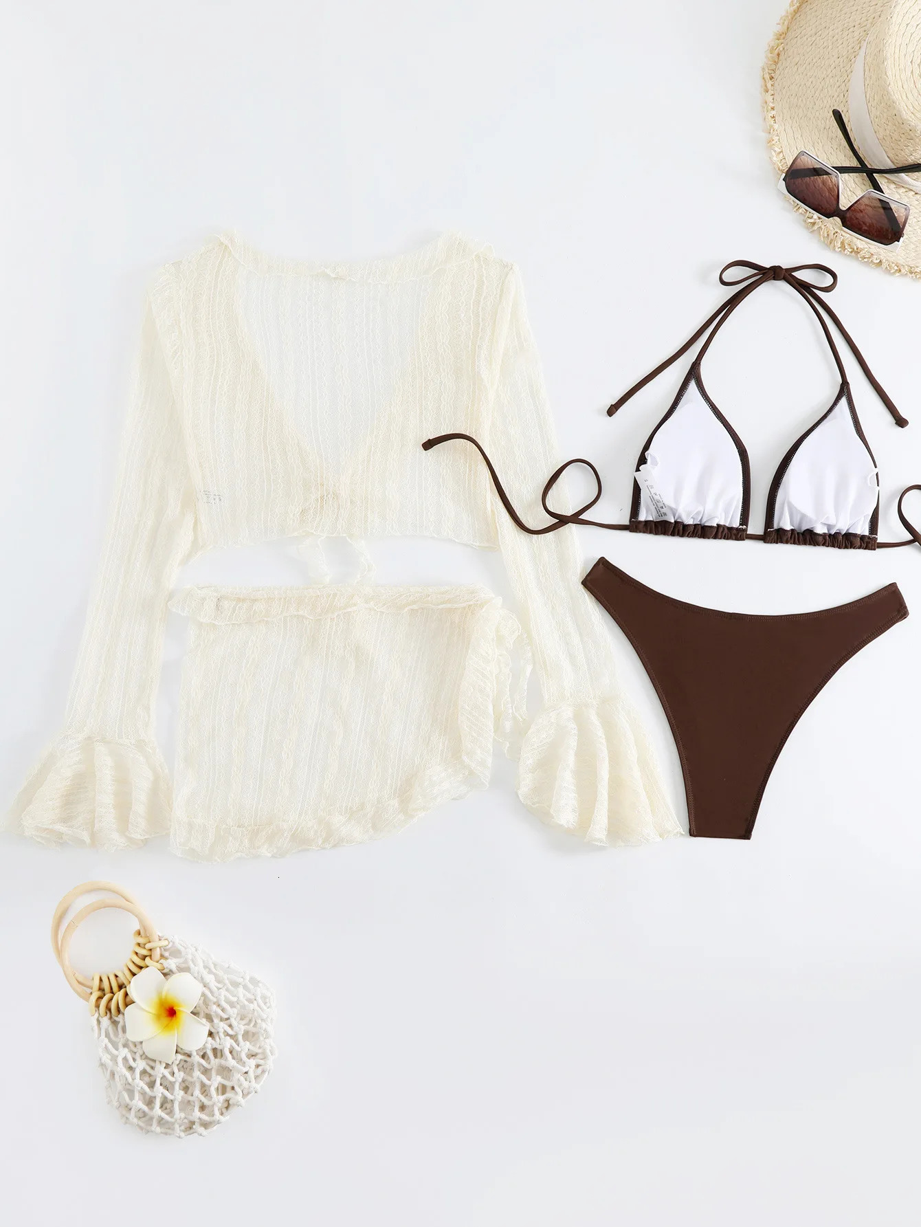 Sexy 4piece swimsuit womens flange sleeve brown bikini set lace Korean beach suit 250320