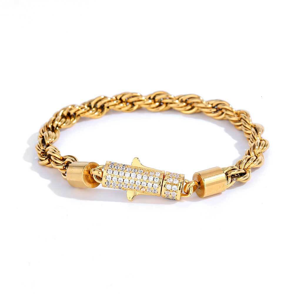 New Style 6mm Iced Out Clasp Rope Chain Stainless Steel 18K Gold Plated Twist Rope Chaain Bracelet Jewelry For Women