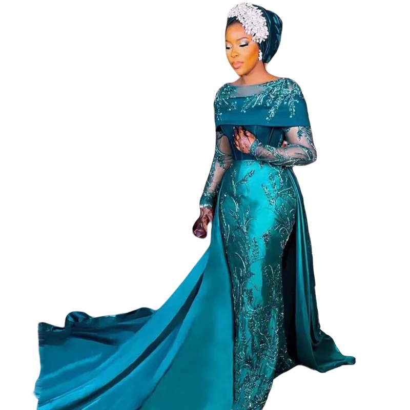 Elegant Aso Ebi Lace Mermaid Evening Dresses Appliques Beaded Pearls Long Sleeves Reception Formal Party Gowns Arabic African Prom Dress With Detachab