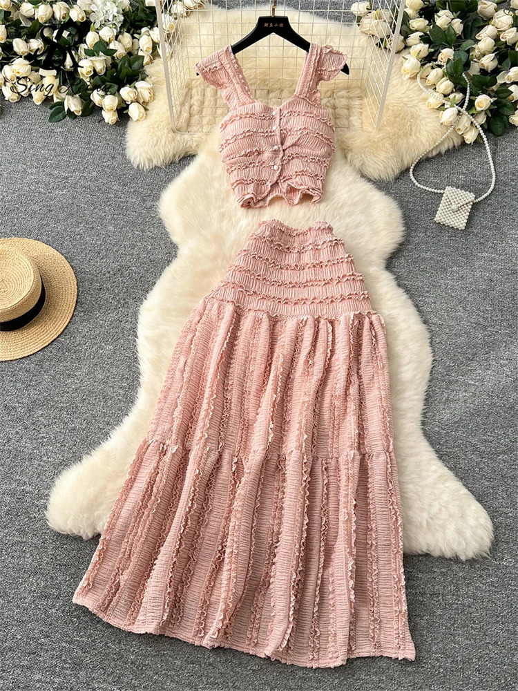 SINGREINY Casual Beach Style 2pcs Suits Single Breasted Mini CamisoleElastic Waist A Line Fold Slim Skirt Gentle Women Sets 250320