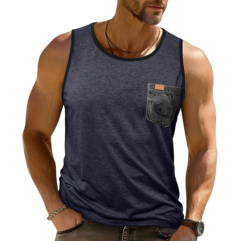 6 Color Summer T-Shirts Men's Sleeveless Printed Vest Loose Pocket Fitness Sports Top Polyester Dark Grey Green Tees XXL