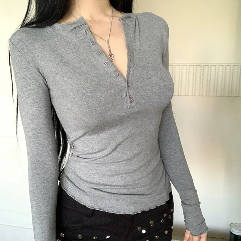 White T Shirt For women Button Fashion Tops 2025 Spring Y2K Woman Clothing Long Sleeve Tee Femme Sexy Slim Tshirt 250311