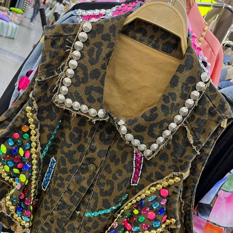 Women Leopard Print Sequined Denim Vest Summer Sleeveless Rivets Jeans Coat High Waist Rhinestones Jacket Waistcoat Crop Tops 250320