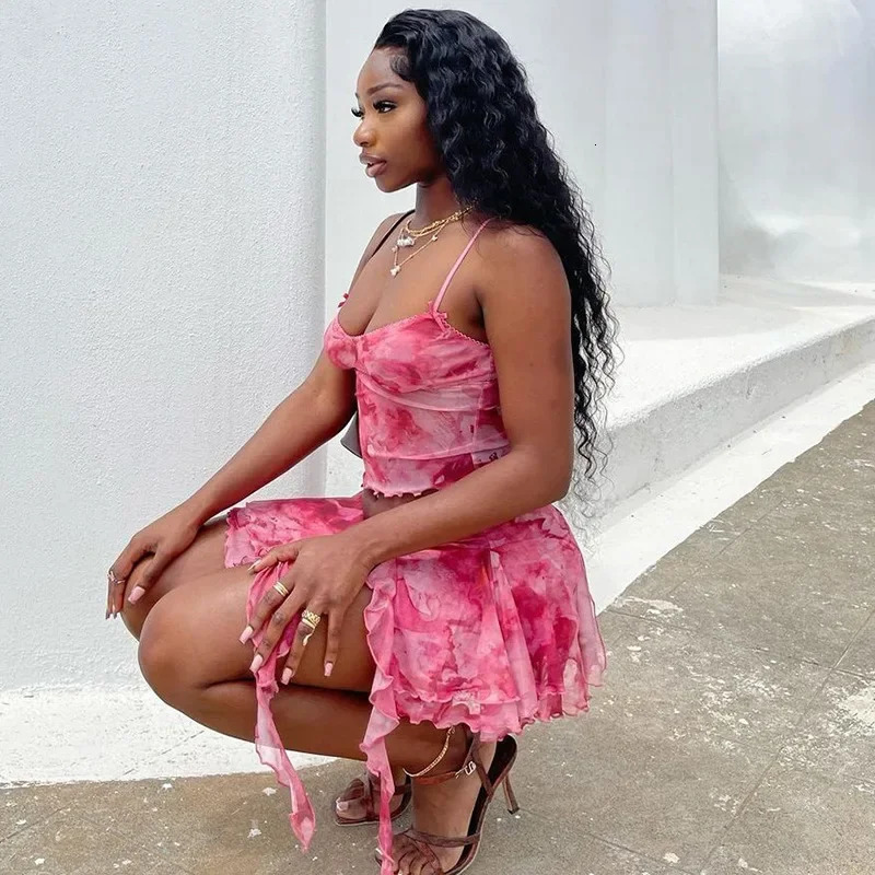ANJAMANOR Pink Mesh Sheer Sexy Two Piece Set Ruffle Mini Skirt and Cami Top Summer Vacation Outfits for Women Clubwear D17-CF23 250320