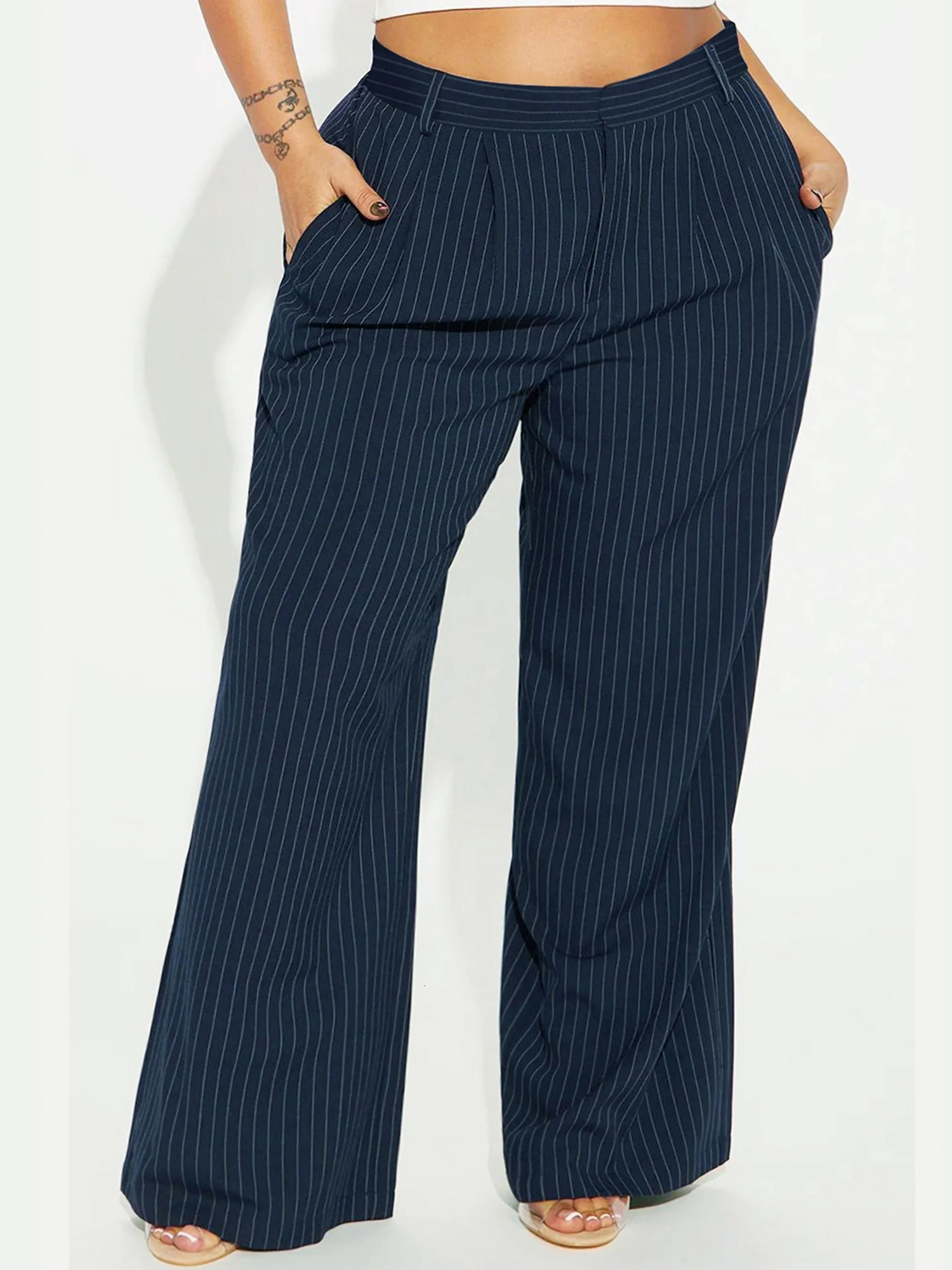 Ladies plus size springsummer elegant casual contrasting striped elastic waistband loose straight leg pants 250320