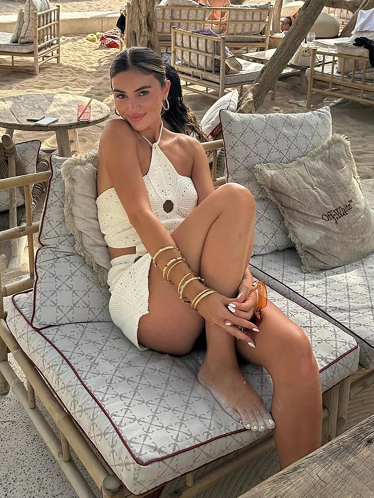 Hollow Out Halter Women Dress Sleeveless Backless Solid Female Mini Beach Dresses Fashion Knitted Short Lady Slim 250317