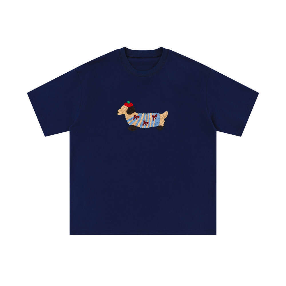 Sausage puppy plush embroidered short sleeved T-shirt casual loose cotton top ins men and women summer