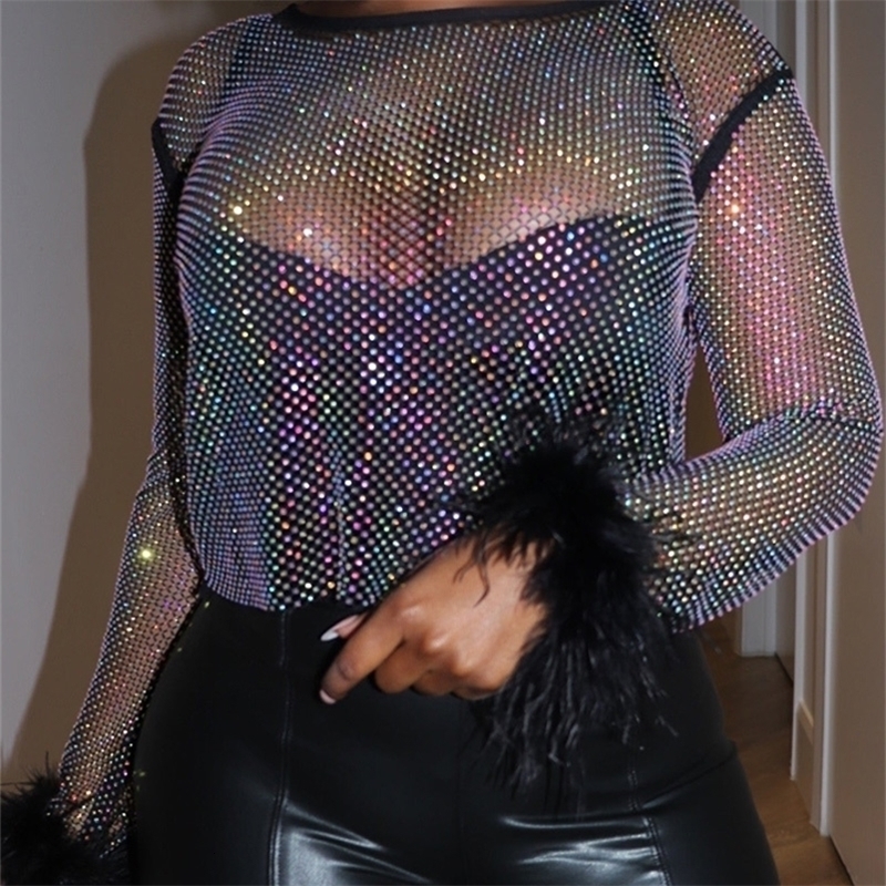 Women Plus Size Mesh T shirt Feather Sleeve Sexy Sequin Cropped Top Transparent Long Sleeve Streetwear Autumn Fashion t shirts 250320