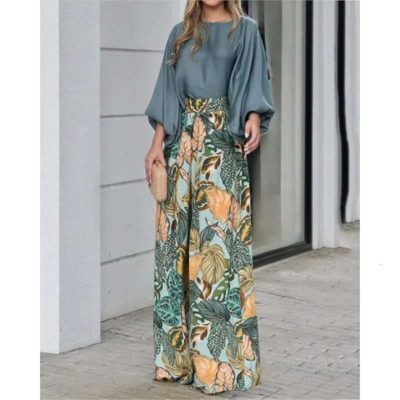 Summer Womens Clothing Set Lantern Sleeves Loose Top Printed Wide Leg Pants Two Piece Set Casual Ladies Trouser Outfit 250320