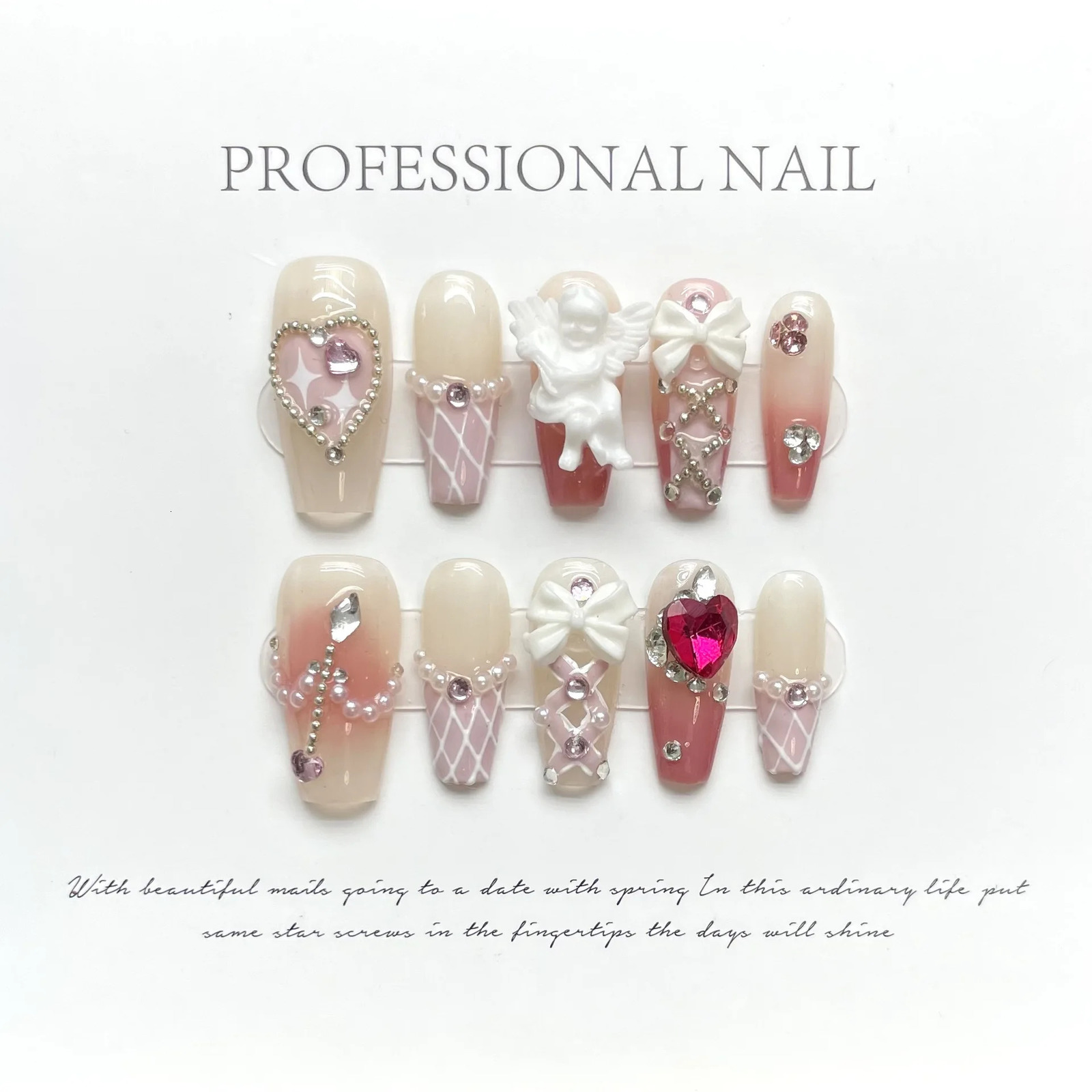 Cute Pink Sweet Princess Removable Handmade Wear Nail Art Y2K Vitality Girl Short Fake Nails Blush Bow Nail Patch 250319