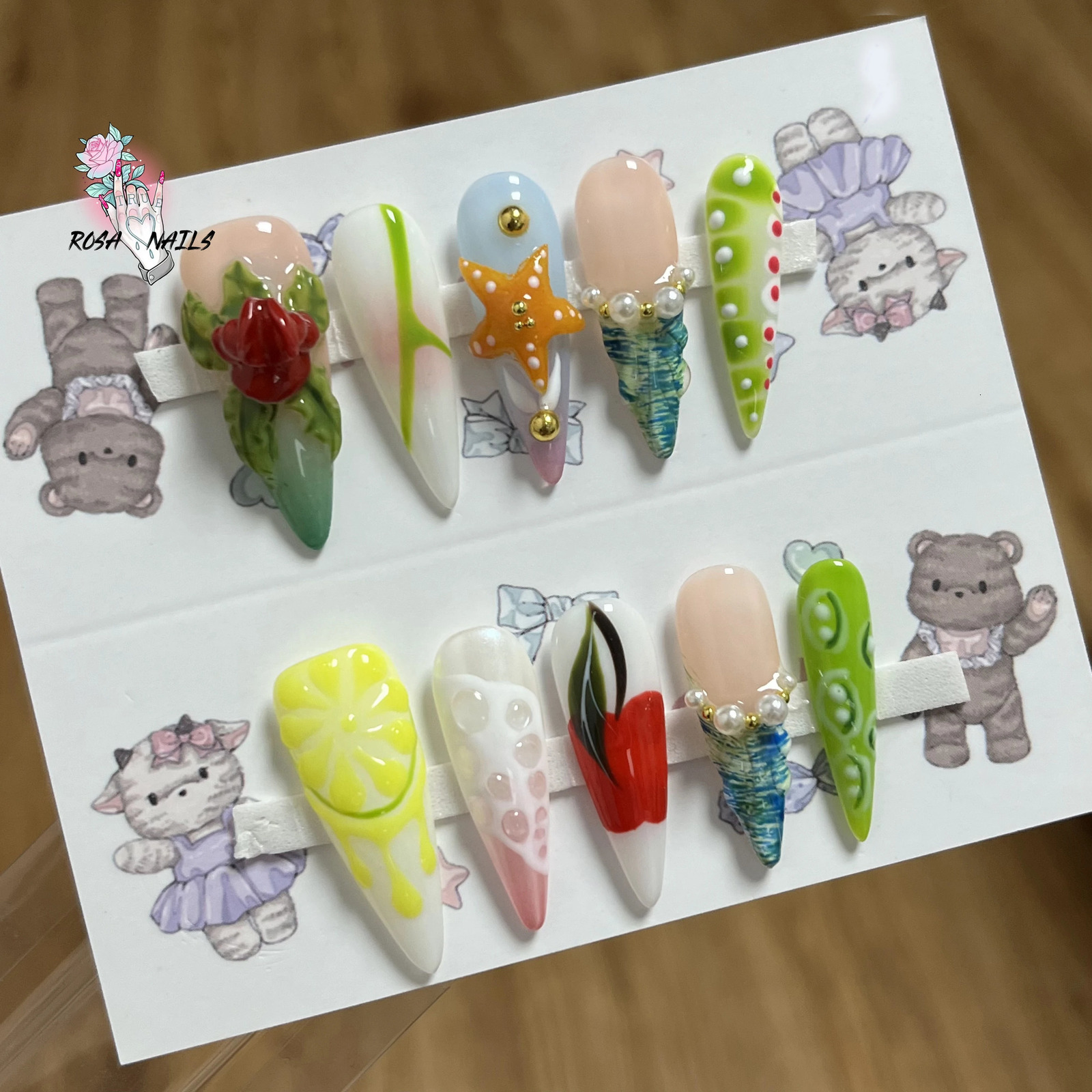 10pcs Handmade Press on Nail Art Flowers 3D Fruit Lemon Cherry Y2k Flower Long Stiletto Tips Acrylic False Nails Fake Nail Tip 250319