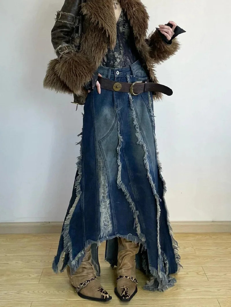 Women Denim Skirt Y2k Emo 2000s Clothes Long Skirt Harajuku Korean 90s Fashion Vintage Gradient A-line Jean Skirt Grunge Clothes 250320