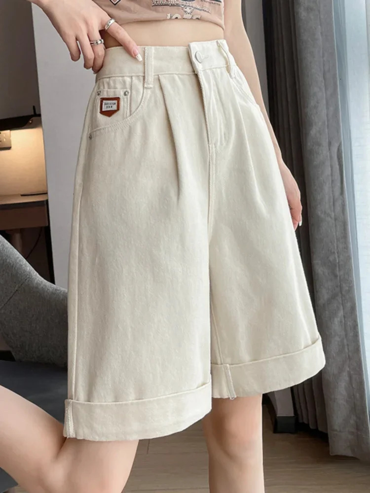 Summer Womens Shorts High Waist Cotton Wide-leg Short Pants Loose Button Korean Knee Length Solid White Denim Shorts for Women 250320