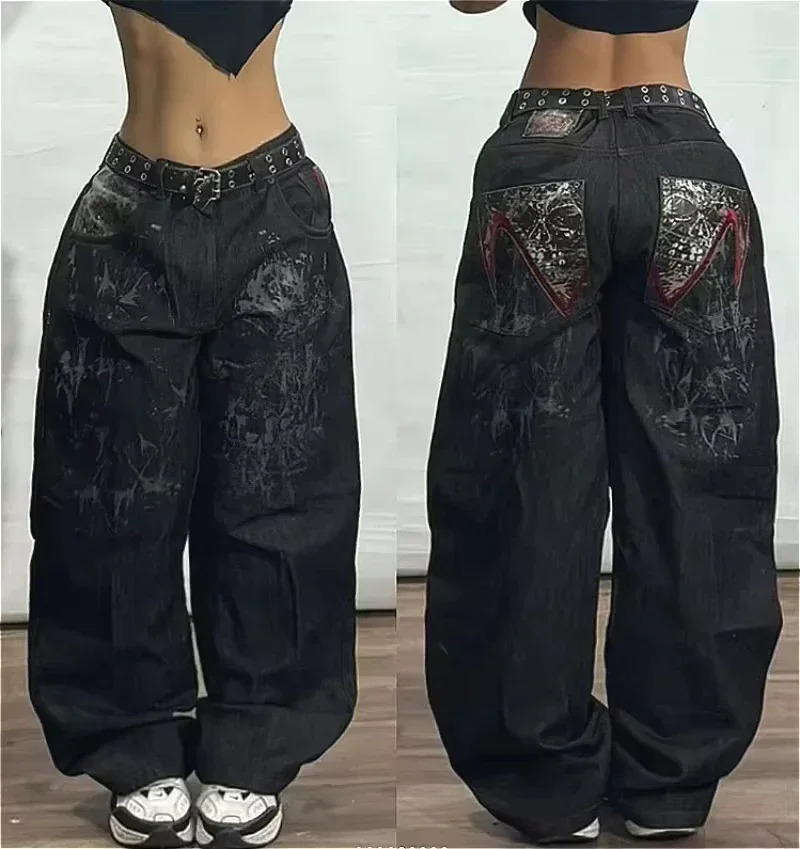 High Street Goth Punk Dark Trousers Y2K Harajuku Retro Washed Distressed Baggy Jeans Women Street Fashion Straight Leg Pants 250320