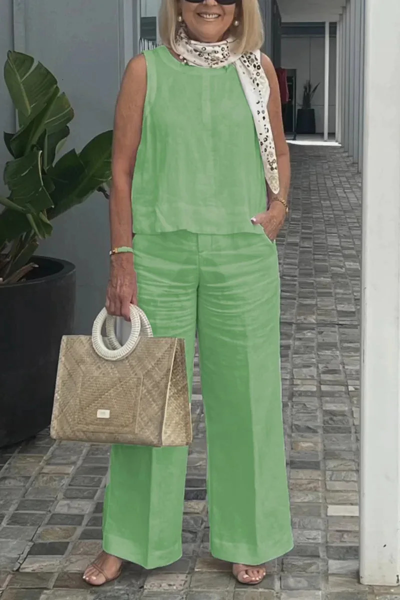 Plus-size womens casual fashion solid color sleeveless loose cotton linen suit plus-size womens clothing 250320