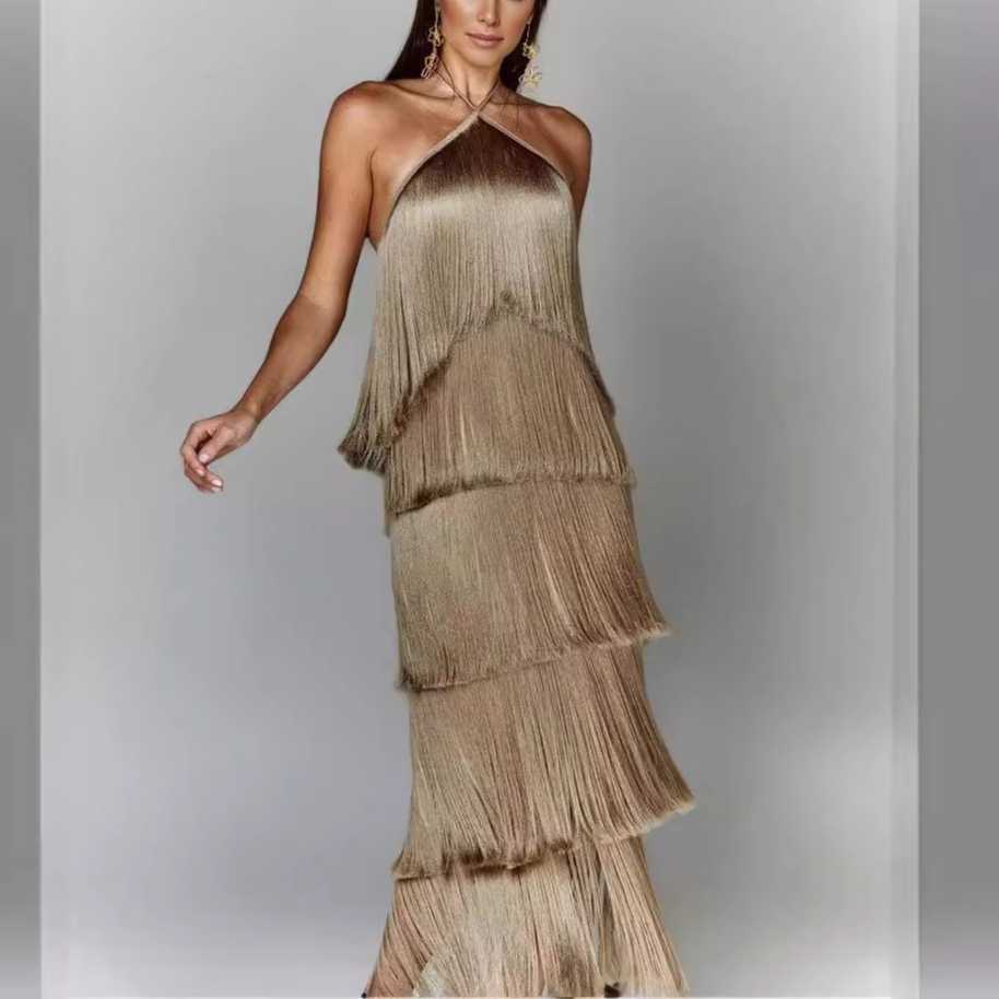 GY25044 Fashion Hanging Neck, Tassel, Bare Back, Split Dress 250315
