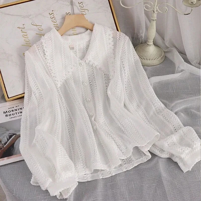 Spring Elegant Lace Women Shirt Hollow Out Peter Pan Collar Tops Fashion Office Ladies Long Sleeves Solid Blouses 250320