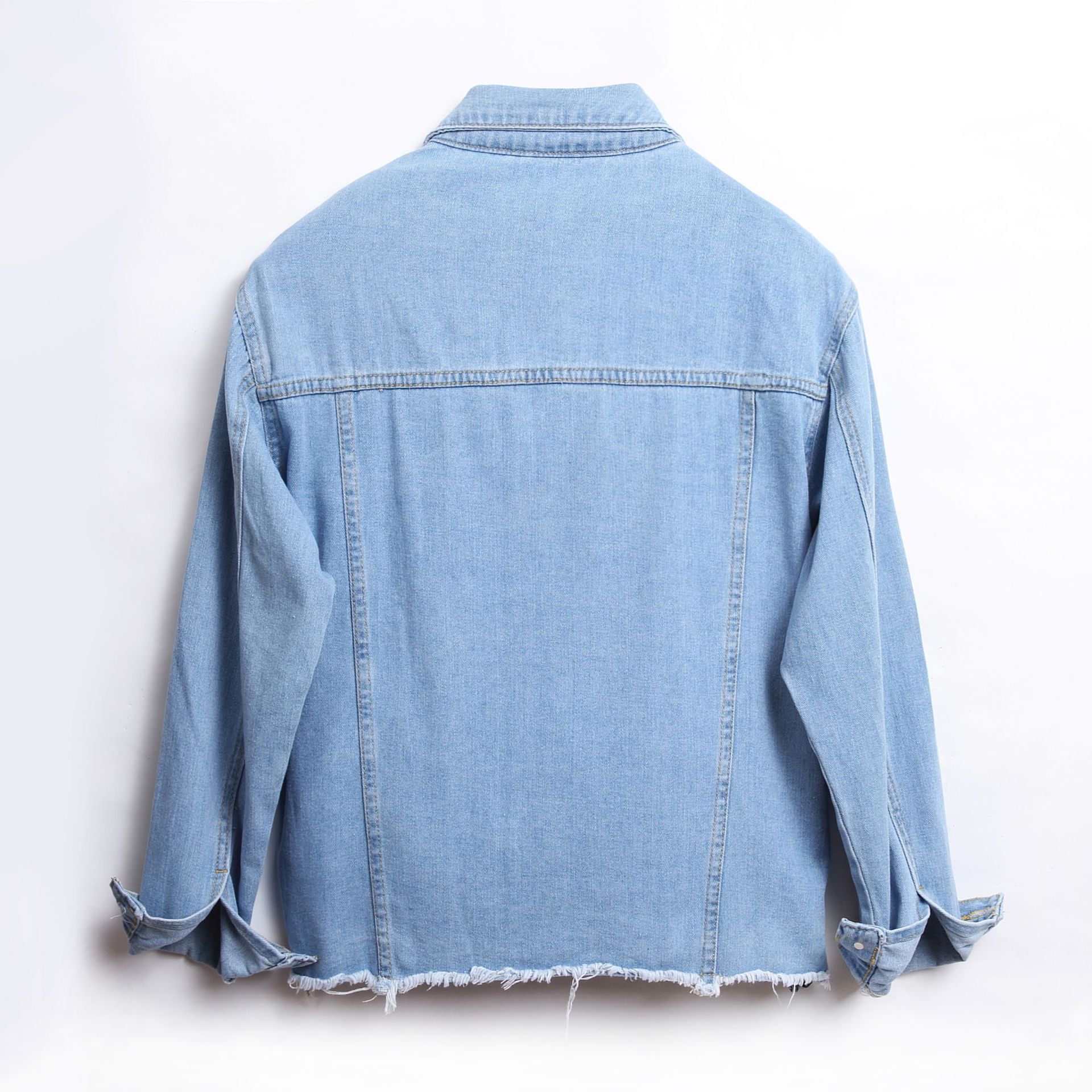 CNLONGBIDA Womens Jackets European and American denim jacket womens solid color loose jacket perforated long sleeved womens denim shirt 6666