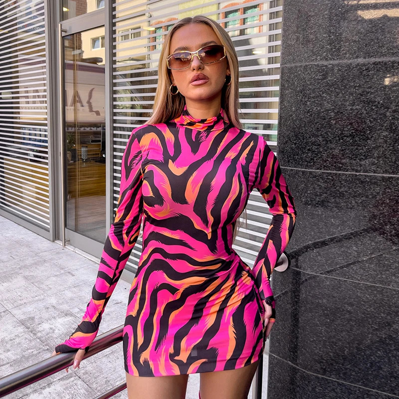 CUTENOVA Zebra print slim fit long sleeved mini dress with finger gloss half neck floral packaging tight fitting womens clothing 250320
