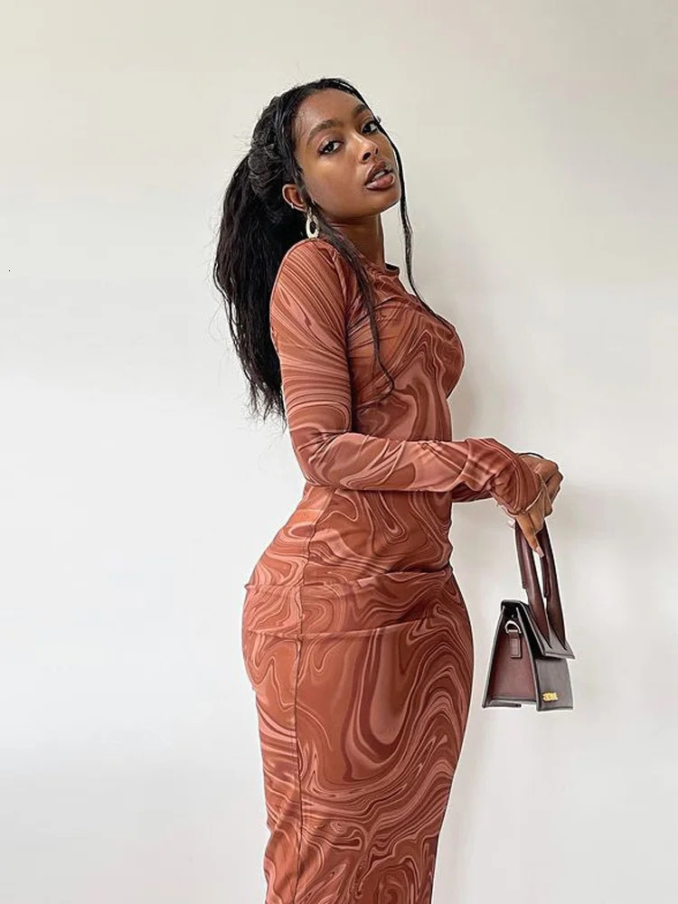 Long sleeved womens evening gown Oneck mid calf sexy vest De Mujer onepiece streetwear 250320