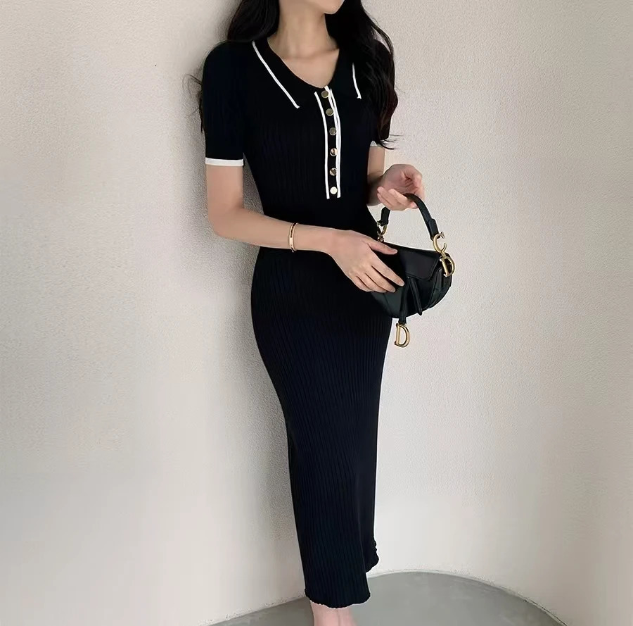 Korean Fashion Womens Knitted Midi Dress Elegant Office Tight Matching Short Sleeve Trend 250320