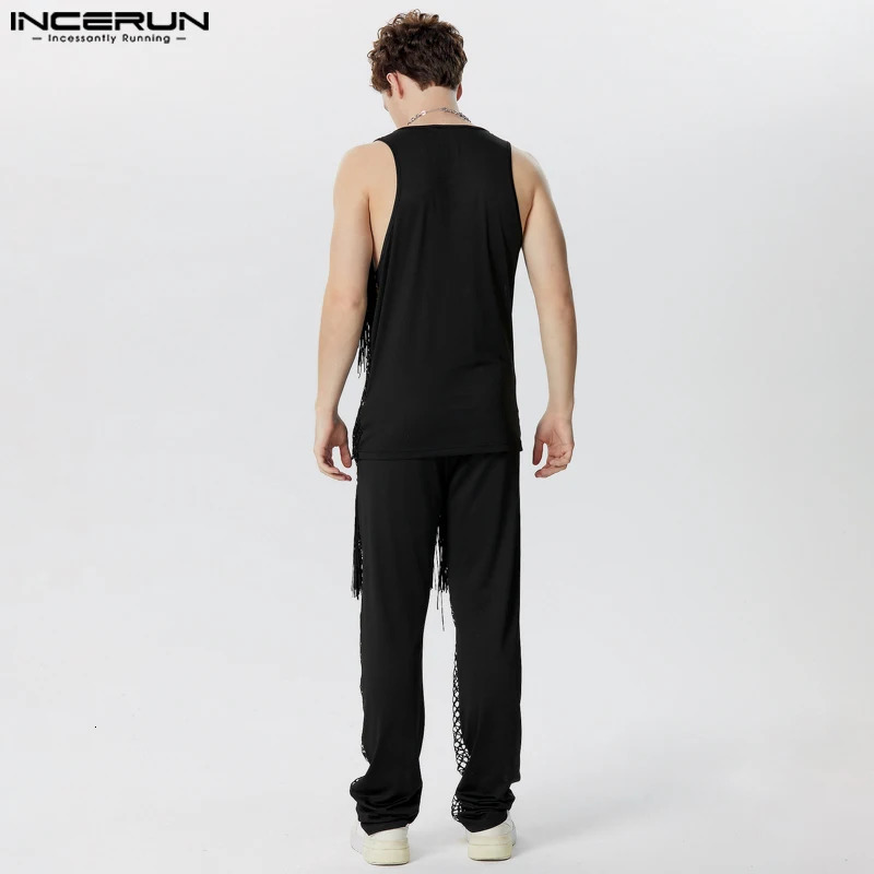 INCERUN mens mesh fringe patch hollow transparent sleeveless vest and pants 2PCS streetwear mens set S-5XL 250318
