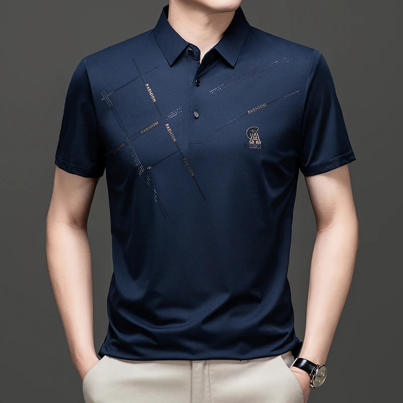 Fashionable embossed polo shirt short sleeved mens summer high-end ice silk comfortable casual light T-shirt 250320
