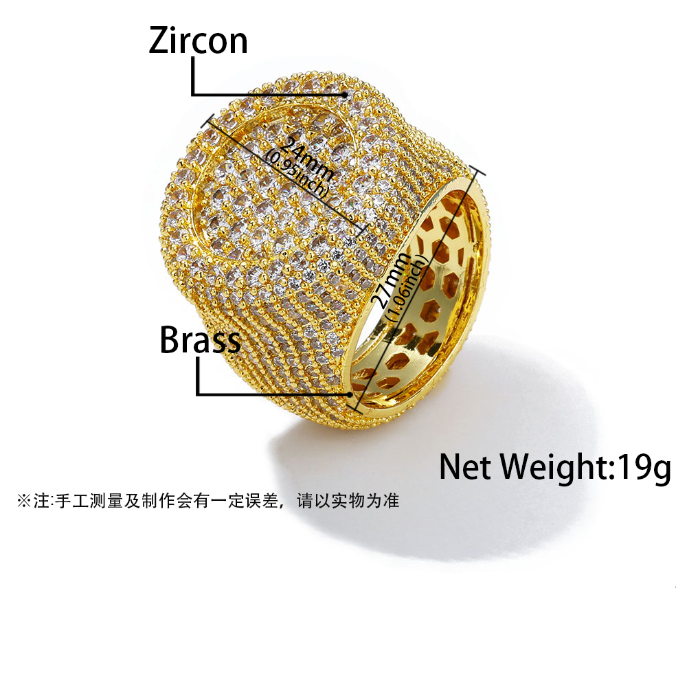 Hip Hop Iced out Diamond Round Ring Full Pave Big Circle Honeycomb Brilliant Cut CZ Brass Rings Jewelry Men Women Gift