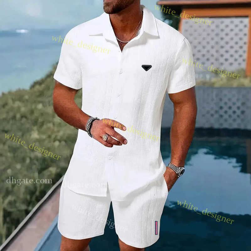 Luxury men tracksuit designer 2025 Summer Jacquard Black and White Solid Color Set Short Sleeve Men's Vacation Casual Style Shirt Shorts Two Piece Set US size S-XXL UUJ9