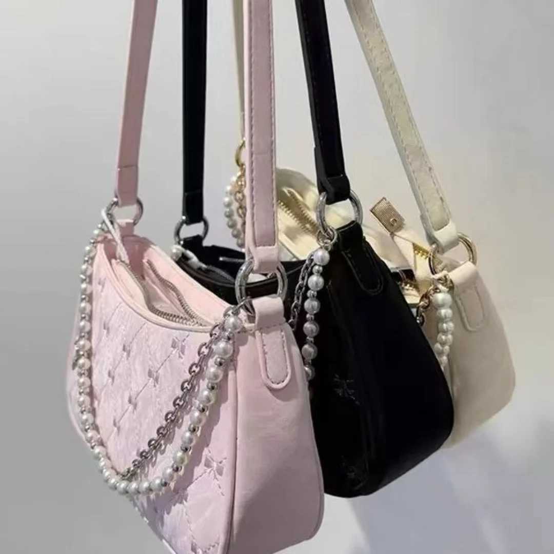 New niche design womens fashionable shoulder bag pearl metal chain lower arm bag butterfly pattern elegant small bag Y250320