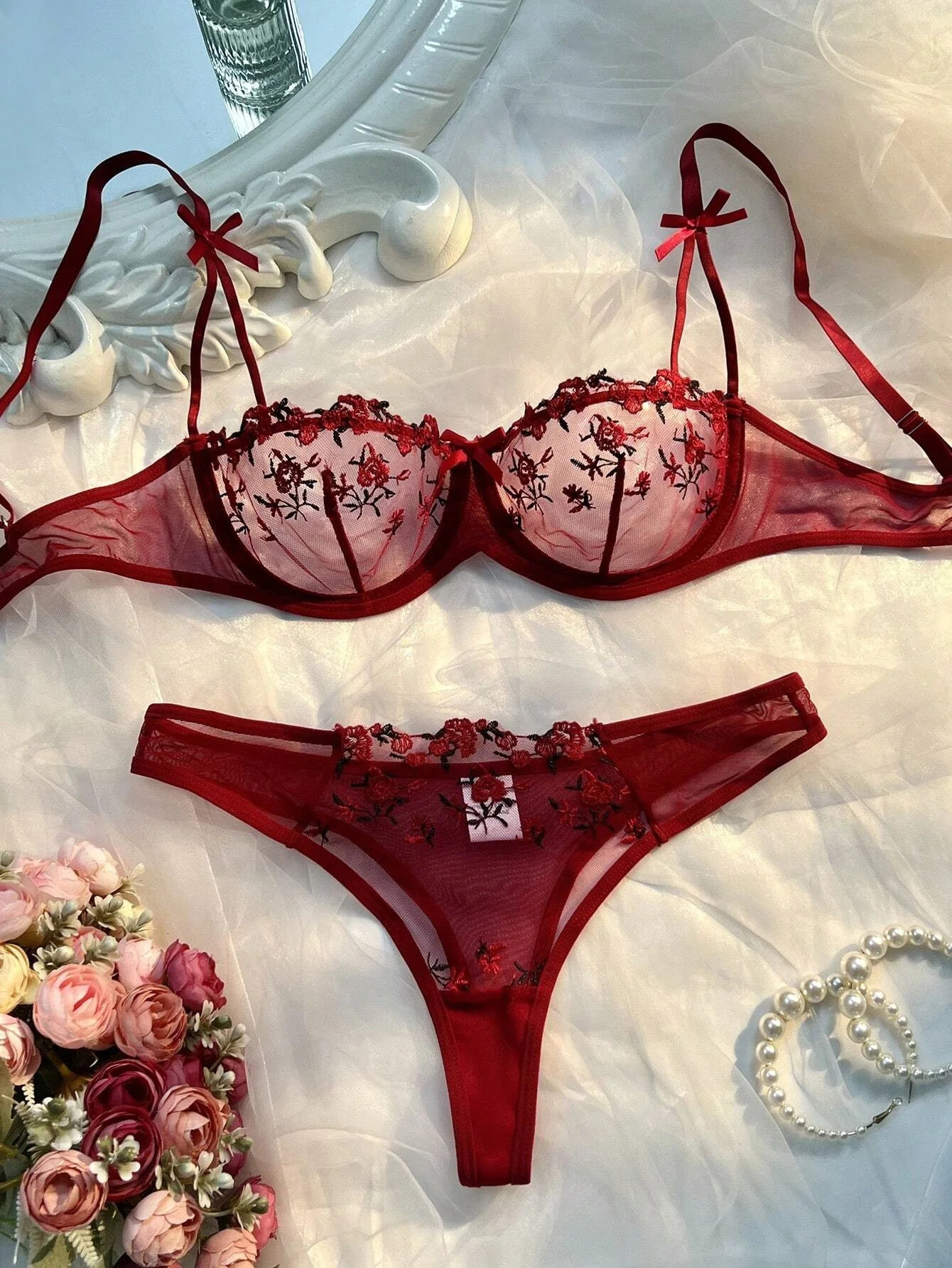 Round Up Night Beautiful Sexy Women 2 Piece Floral Embroidery Underwear Sexy Erotic Lingerie Underwear Lenceria Sexy Sets 250320