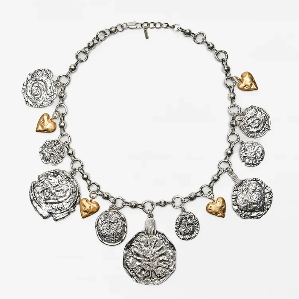 lady ZAA Heavy Metal Heart and Badge Pendant Necklace Retro Punk Style Geometric Necklace Everyday Party Jewelry 250313