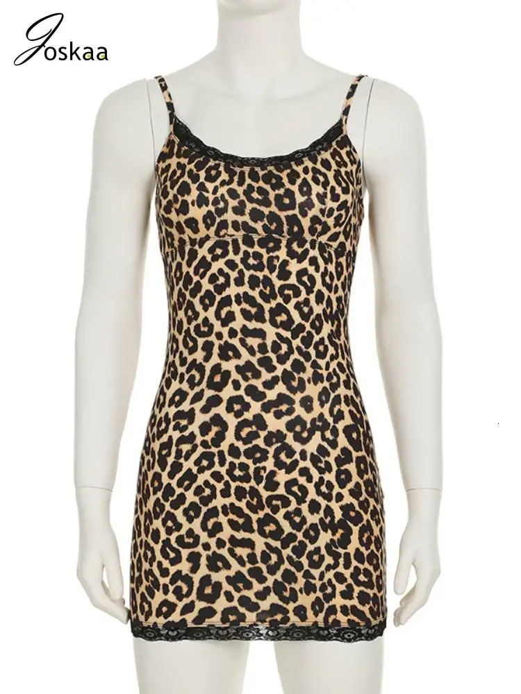 Joskaa Lace Patchwork Leopard Print Mini Dress Women Sexy Adjustable Shoulder Strap Sleeveless Body-Shaping Robe Party Clubwear 250320