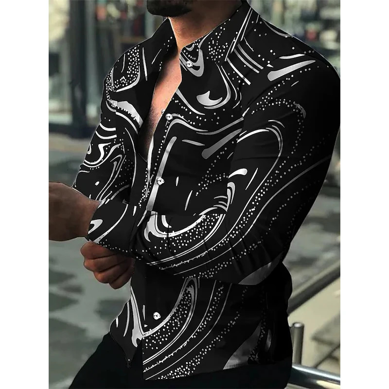 spaper Text Art Fashion Party Evening Dress Collar Button Shirt Casual Printed Long Sleeve Mens Sweater 250320