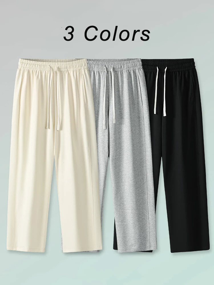 Summer Track Pants Men Light Thin Breathable Cotton Straight Sweatpants Drawstring Solid Color Sportswear Loose Home Trousers 250320