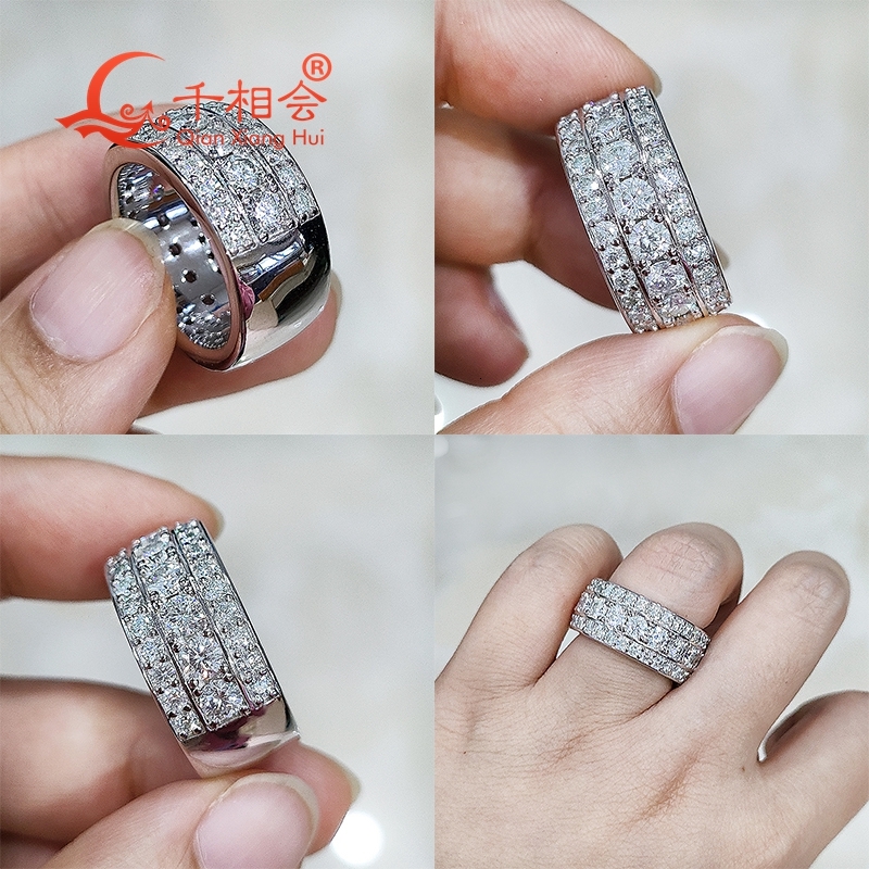 10mm width round Moissanite Ring three rows 2/3 Band 925 Silver hip hop Men women Diamonds Male Jewelry