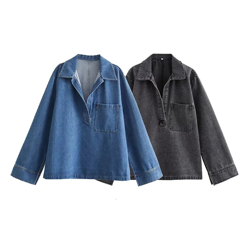 Willshela Womens Fashion Pocket Denim Solid Shirt Retro Collar Long Sleeve Womens Fashion Womens Shirt 250317