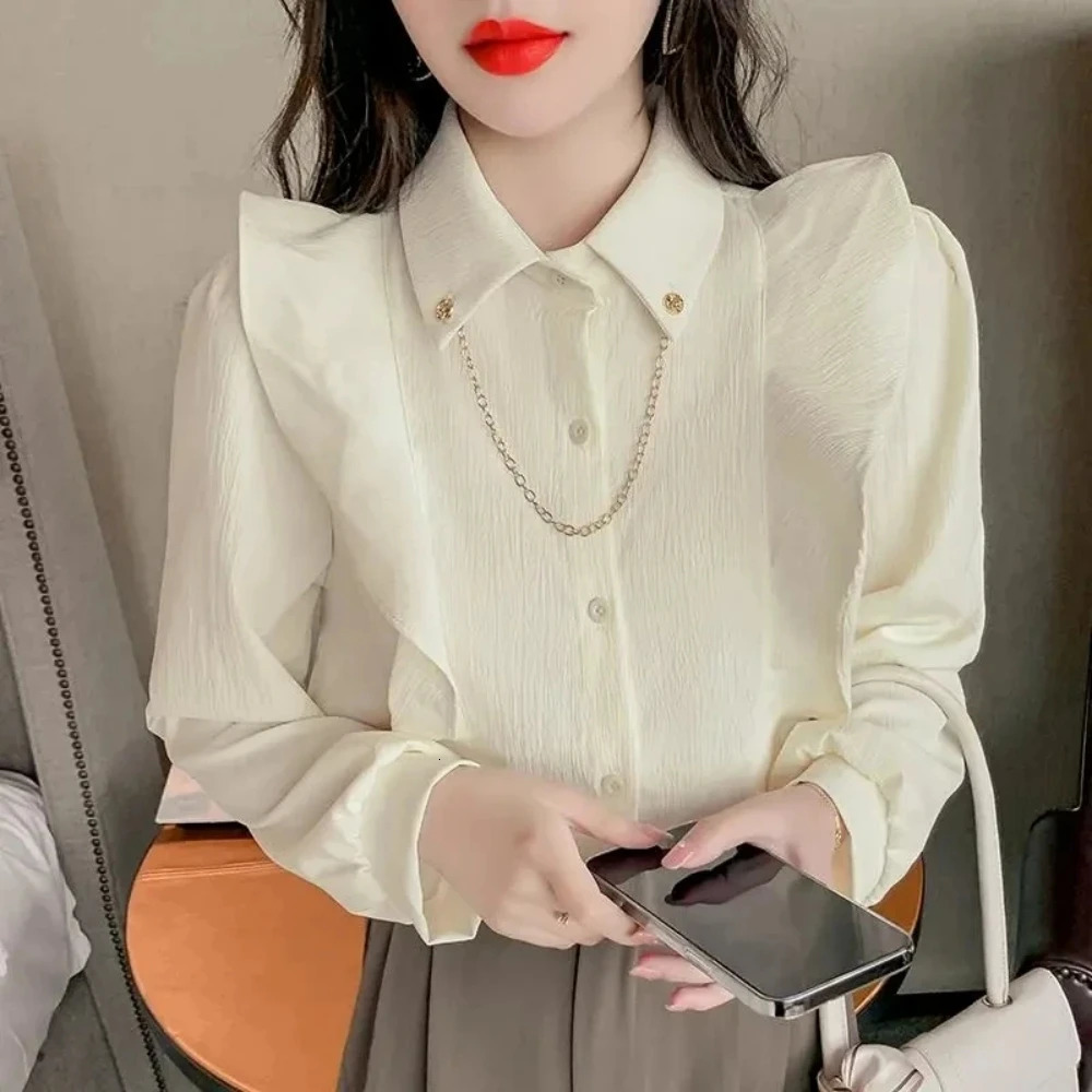 Metal Chain Ruffle Long Sleeve Womens Top Summer Trend Elegant French Office Ladys Chic Shirt Solid All-Match Shirts Blouses 250320