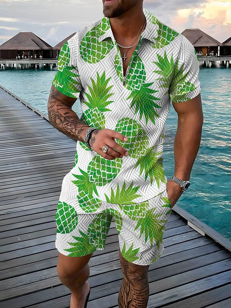 Summer Tropical Fruit 3D Printed Mens Zipper Collar Tracking Clothing Trend Polo Shirt Fashion Shorts 2-piece Set Mens Street Clothing Set 250318