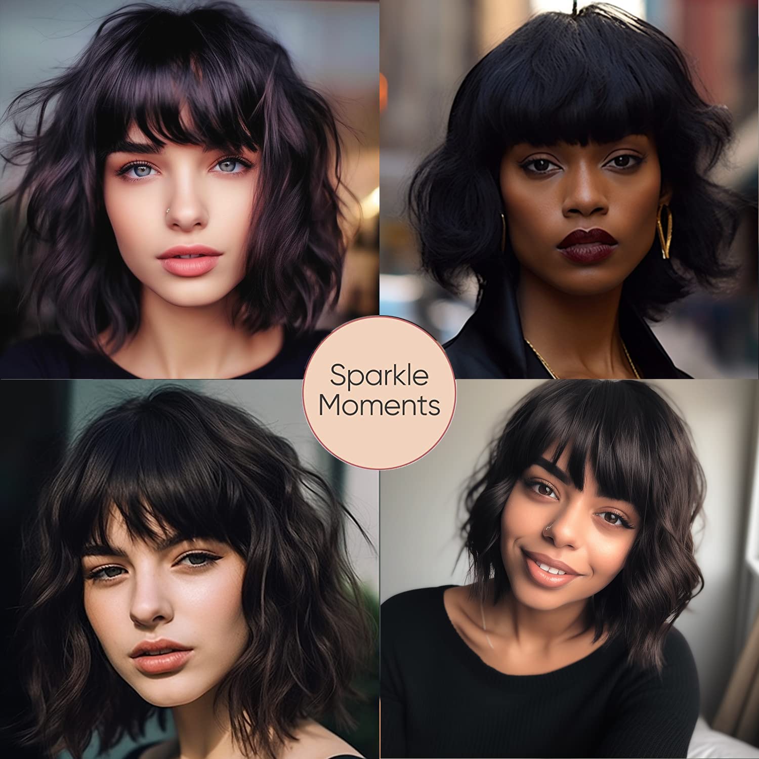Short Black Bob Wig With Bangs Synthetic Natural Hair Wigs for Women Wavy Shoulder Length Wig Water Wave(12 Inches)