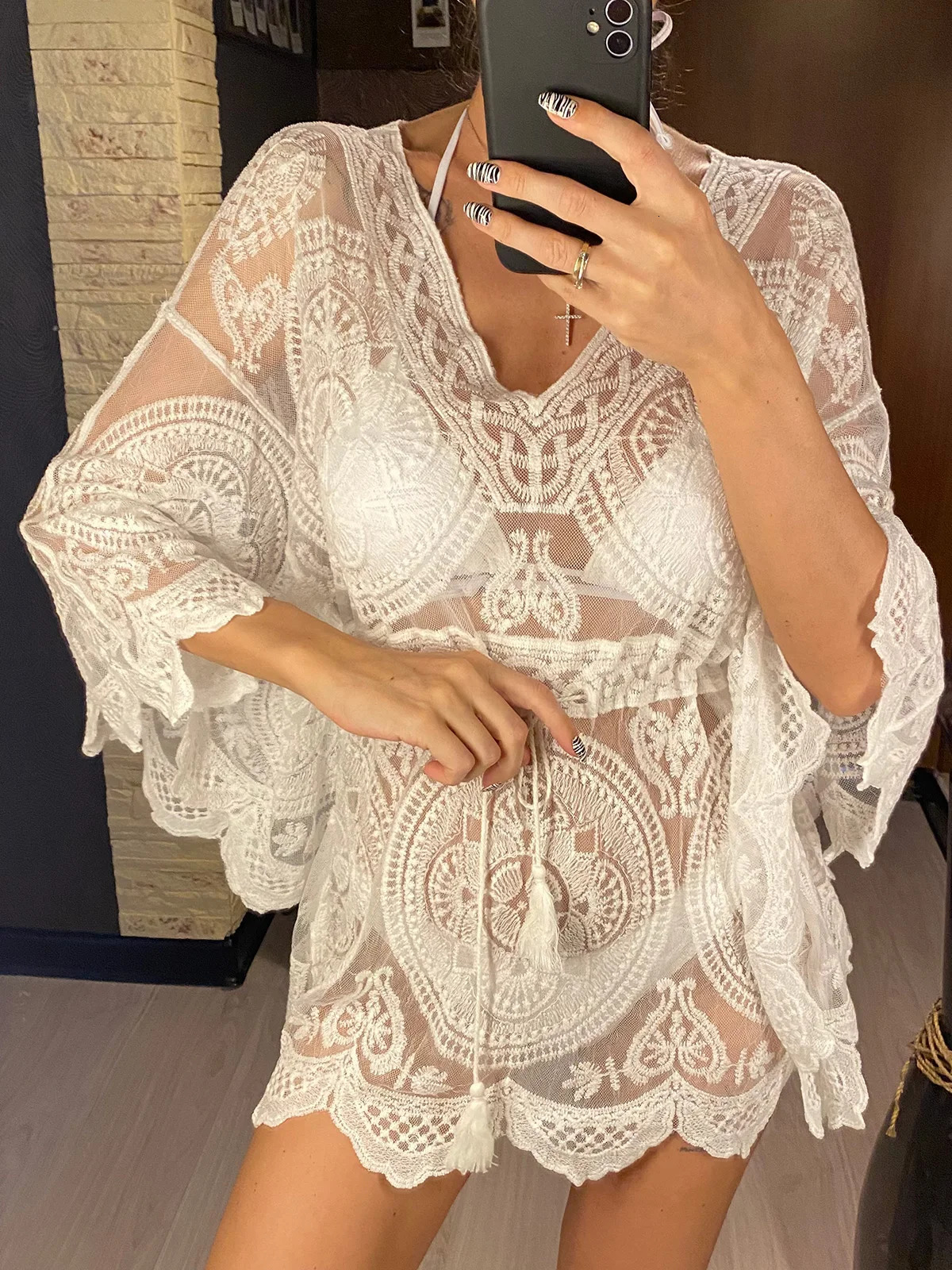 Sexy Lace See Through Long Sleeve Tunic Beach Cover ups Dress Wear Beachwear Womens V4528 250320