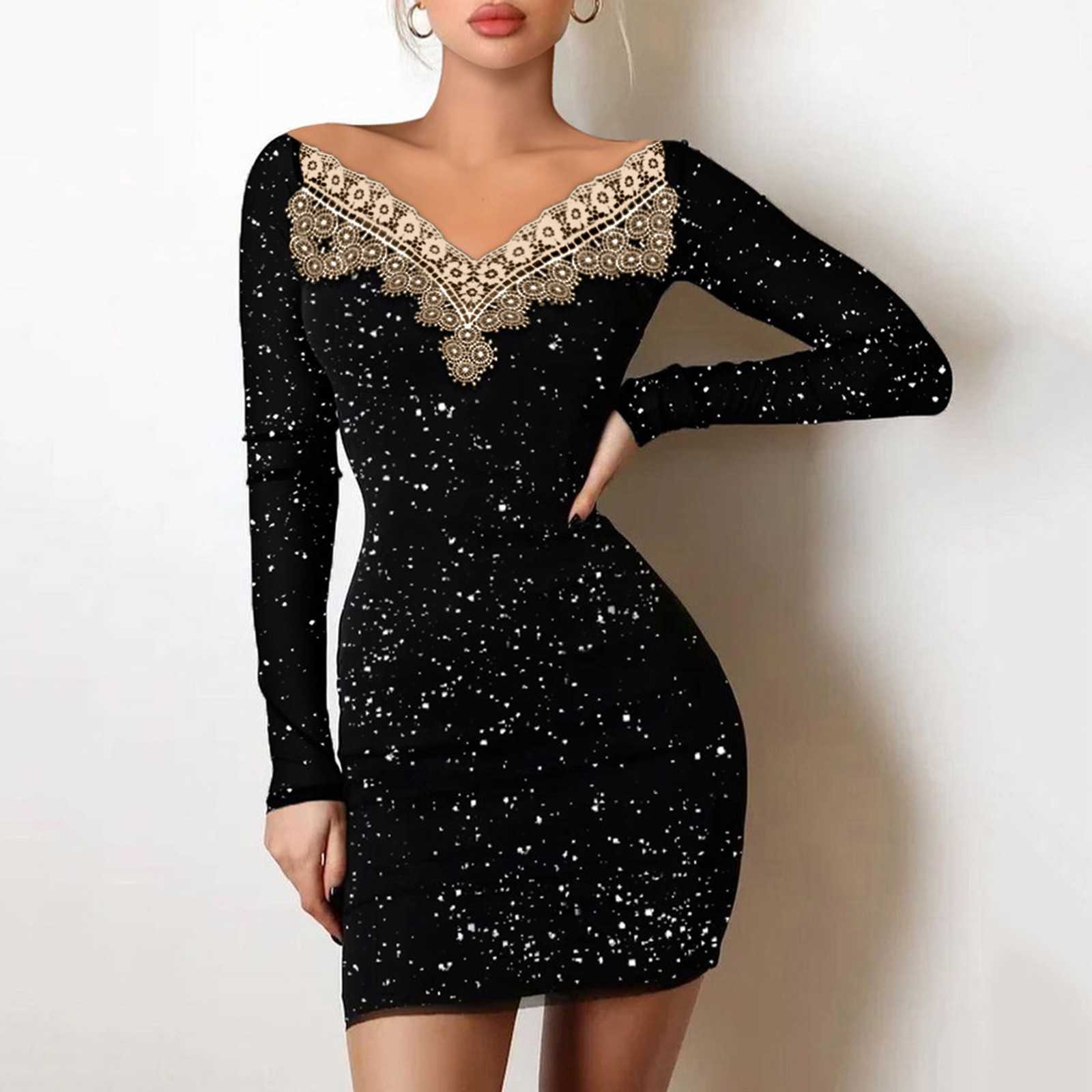 Women's Slim Fit Ironing Silver Line Shoulder Wrap Hip Black Dress Evening Dress 250315
