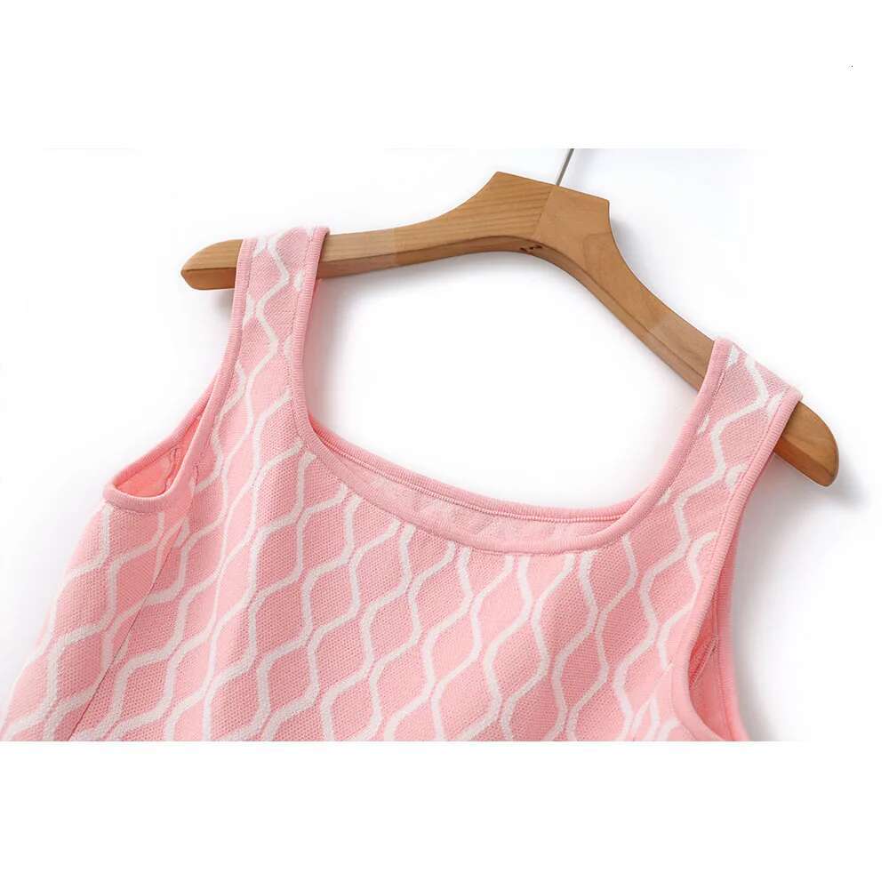 2025 New Summer Plaid Pattern Wear Women Sweet Sexy Tank Knit Mini Dress With Pockets Pink Blue
