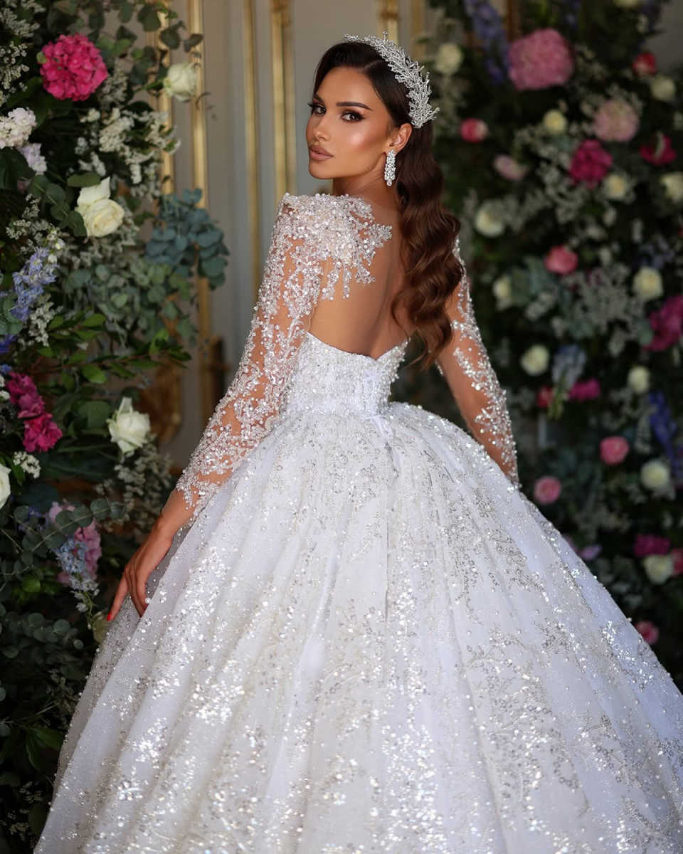 Elegant Women Wedding Sheer Neck Long Sleeves Bridal Gowns Sequins Beaded Sweep Train Dress Custom Made