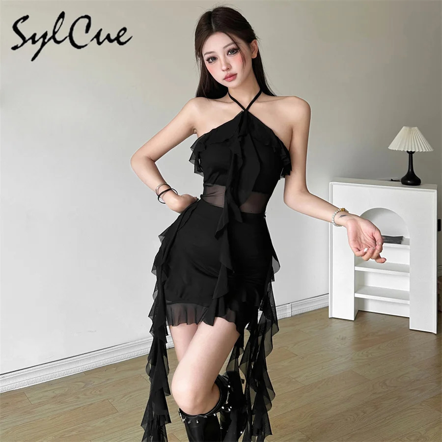 Sylcue Spring Sweet Gentle Sexy Mature Beautiful Elegant Party Queen Womens Short Neck Ruffle fringe Dress 250320